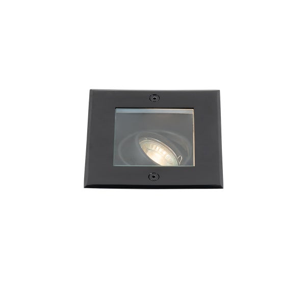 Quadratischer Bodeneinbaustrahler aus Metall in Schwarz mit Glasabdeckung und sichtbarem Leuchtmittel.