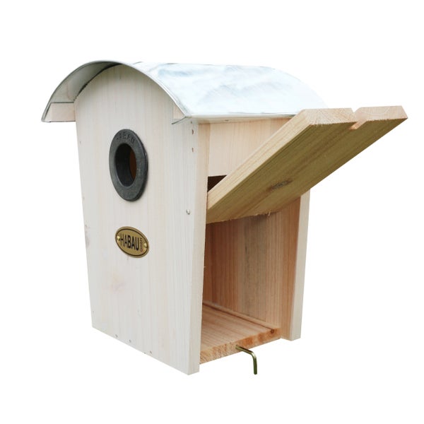 Nistkasten aus Holz mit Metalldach und Habau Logo