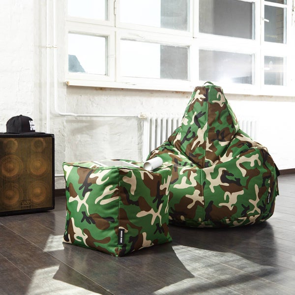 Green Bean Sitzsack-Hocker 40x40x40cm mit EPS-Perlen Füllung - Fußhocker Fußkissen Sitz-Pouf für Sitzsäcke - Bodenkissen für Kinder und Erwachsene - Fußablage Sitzkissen Sitzhocker Camouflage Grün
