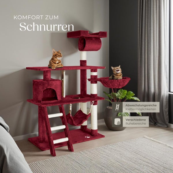 Katzenkratzbaum mit mehreren Ebenen, einer Hängematte und zwei Katzen