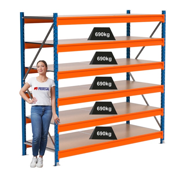 Lagerregal mit fünf Ebenen und einer Traglast von 690 Kilogramm pro Ebene