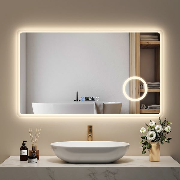 EMKE LED Badspiegel mit Beleuchtung 100 x 60 cm, 3 Lichtfarben mit Touchschalter, LCD-Zeitdisplay, 3x Vergrößerung, IP44, für Bad