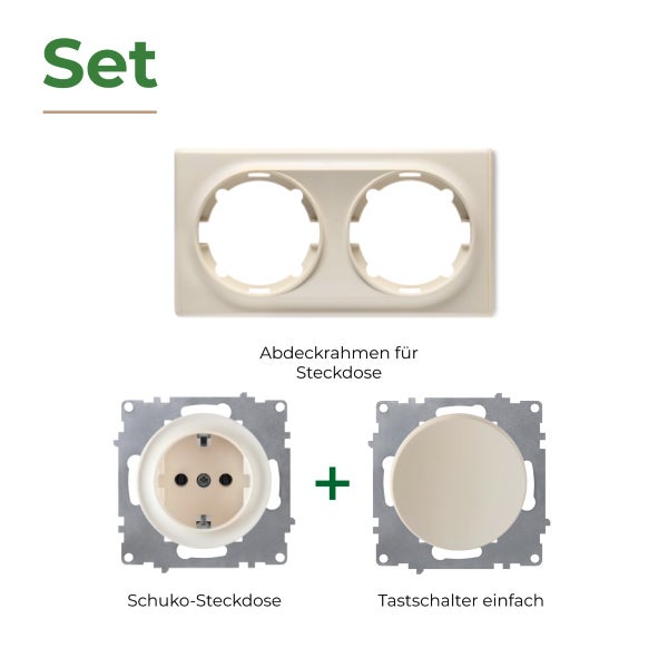 Set bestehend aus einem zweifachen Abdeckrahmen, einer Schuko Steckdose und einem einfachen Tastschalter.