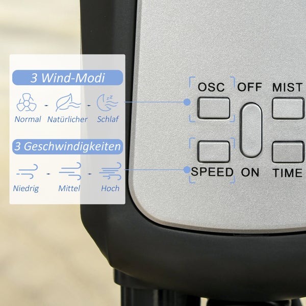 HOMCOM Standventilator mit 2,8 Liter Wasserkühlung, 90 W Ventilator mit Timer-Funktion Lüfter mit 3 Modi mit Nebelfunktion, Verstellbarer Neigungswinkel, Metall, Schwarz, 44,5cm x 44,5cm x 120cm