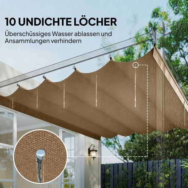 Pergola-Sonnensegel mit zehn integrierten Wasserablauflöchern zur Vermeidung von Wasseransammlungen bei Regen im Garten.