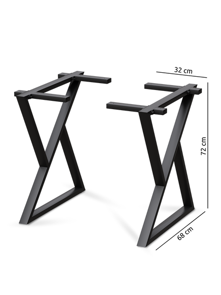 Zwei schwarze Tischgestelle aus Metall, Höhe 72 Zentimeter, Breite unten 68 Zentimeter, Breite oben 32 Zentimeter.