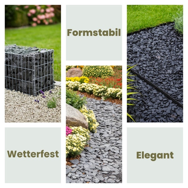 Collage mit Gabione, Zierkies und Ziersplitt im Garten.