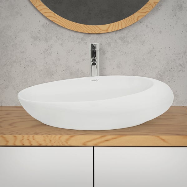 ECD Germany Waschbecken Waschtisch 585 x 375 x 145 mm aus Keramik Oval Weiß - Aufsatzbecken Aufsatzwaschbecken Handwaschbecken Aufsatzwaschtisch Spülbecken Becken Wasserfall Waschschale Waschschüssel