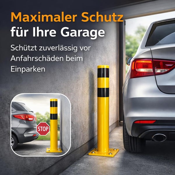 Gelber Absperrpfosten mit schwarzen Streifen, am Boden einer Garage neben einem Auto montiert, dient als Anfahrschutz.