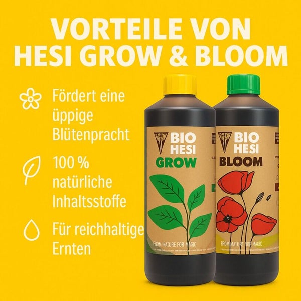 Bio Hesi Grow und Bio Hesi Bloom Düngerflaschen mit Vorteilen: fördert Blütenpracht, 100 Prozent natürliche Inhaltsstoffe, für reichhaltige Ernten.