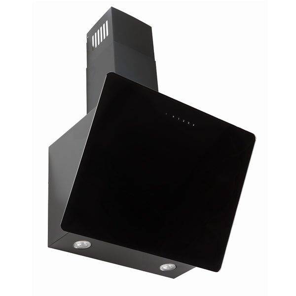 Wandhaube kopffrei aus schwarzem Glas mit Beleuchtung und Sensorsteuerung.