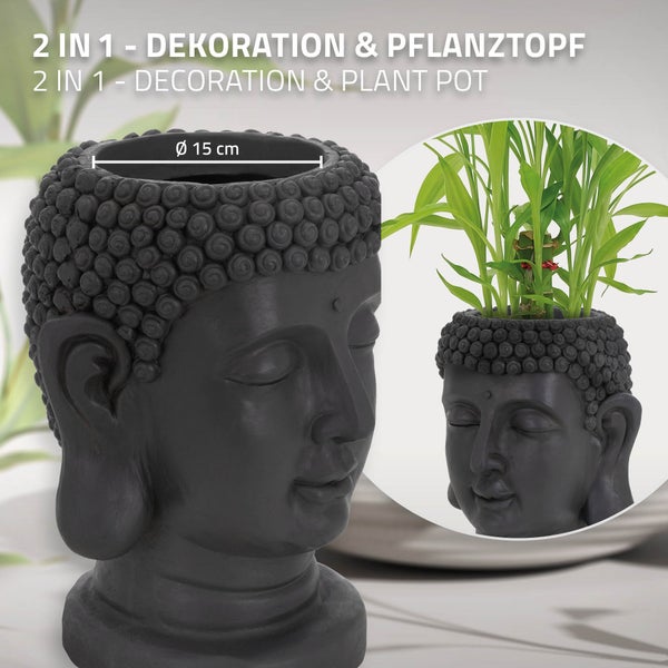 ML-Design Pflanztopf Buddha Figur Kopf 19x20x34 cm, Anthrazit, Harz, Innen- und Außenstatue, massiv, Groß Büste Skulptur, Pflanzgefäß Blumentopf Übertopf Gesicht Pflanzer Gartendeko Pflanzen Vase Urne