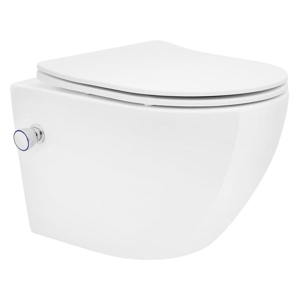 LuxeBath Wand WC Spülrandlos mit Bidet-Funktion, Weiß, Tiefspüler Keramik Hänge WC, kurz 49 cm, Dusch WC, Softclose-Klodeckel, Tornadospülung, Glänzende Kloschüssel Hängend mit WC-Sitz Absenkautomatik