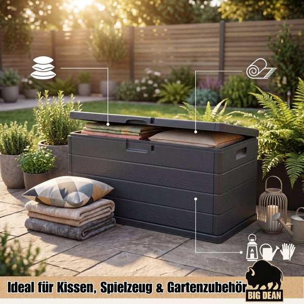 Gartenbox aus Kunststoff für Kissen und Zubehör auf einer Terrasse, mit Symbolen für Lagerung von Textilien, Decken und Gartenutensilien.