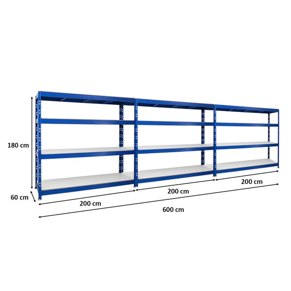 PROREGAL Mega Deal 3x Profi Schwerlastregal Rhino HxBxT 180 x 200 x 60 cm 4 Melamin-Ebenen 16mm Fachlast 500 kg Blau