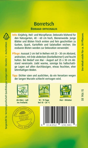 Rückseite der Samenpackung für Borretsch (Borago officinalis) mit Informationen zu Aussaat, Ernte und Qualitätssiegel. Reicht für circa 50 Pflanzen.