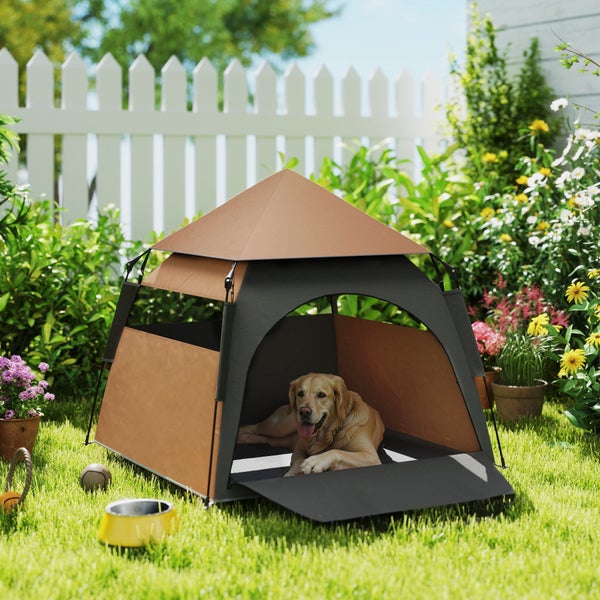 PawHut Haustierzelt, Hundezelt, Katzenhaus im Freien, Hundehaus mit Meshfenster, Hunde Tipi Zelt mit Tragetasche, Sonnendach für Hinterhof, Wohnzimmer, Dunkelbraun
