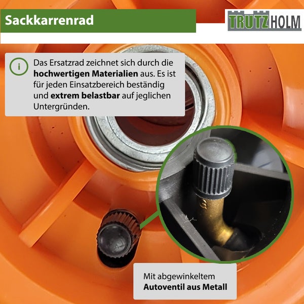 Ersatzrad für Sackkarre mit abgewinkeltem Metall Autoventil und Trutzholm Logo