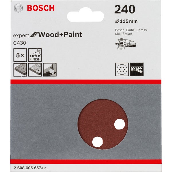 Bosch 5x Schleifblatt C430 Expert for Wood 8 Löcher Klett 115 mm K240 - 2608605657