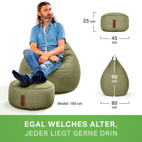 Green Bean 2er Set Indoor Sitzsack + Hocker mit EPS-Perlen Füllung - Fußhocker Fußkissen Sitz-Pouf Bodenkissen Liegekissen Sitzkissen Lounge Chair Sitzhocker Relax-Sessel Bean Bag Grün