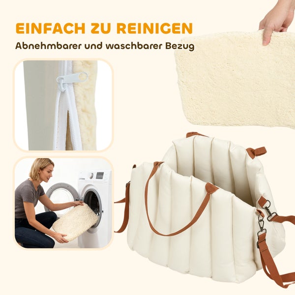 Hundetransporttasche mit abnehmbarem und waschbarem Plüschbezug, Reißverschluss-Detail und Abbildung der Reinigung in der Waschmaschine.