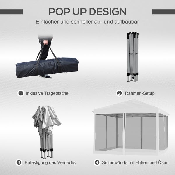 Outsunny Pavillon ca.3x3m, wasserabweisend Stabil Winterfest Pop-up Faltpavillon mit UV Schutz, Faltbar Partyzelt Gartenzelt mit 4 Seitenteilen, Tasche Gartenpavillon für Camping Garten, Cremeweiß