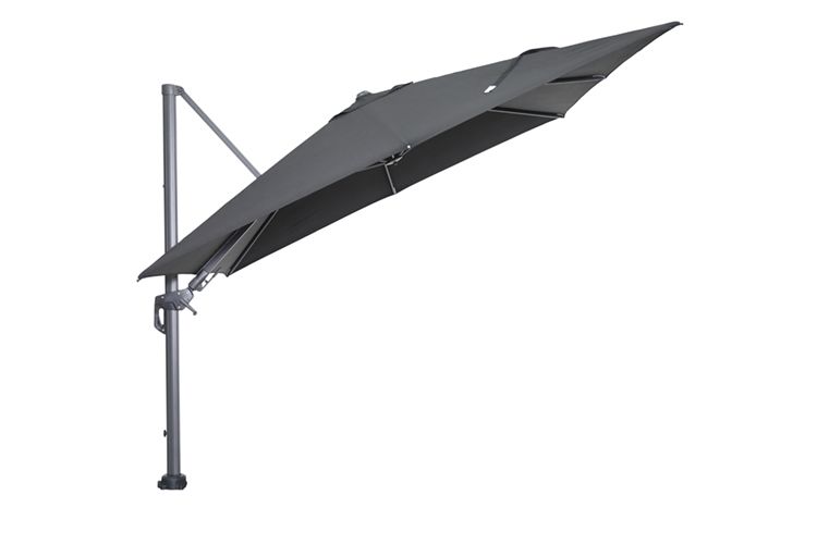 Grauer quadratischer Ampelschirm mit verstellbarem Neigungswinkel und stabilem Metallgestell