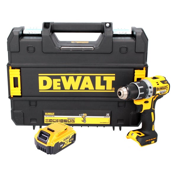DeWalt Akku-Bohrschrauber in Gelb und Schwarz mit 18 Volt Akkumulator und schwarzem Transportkoffer.
