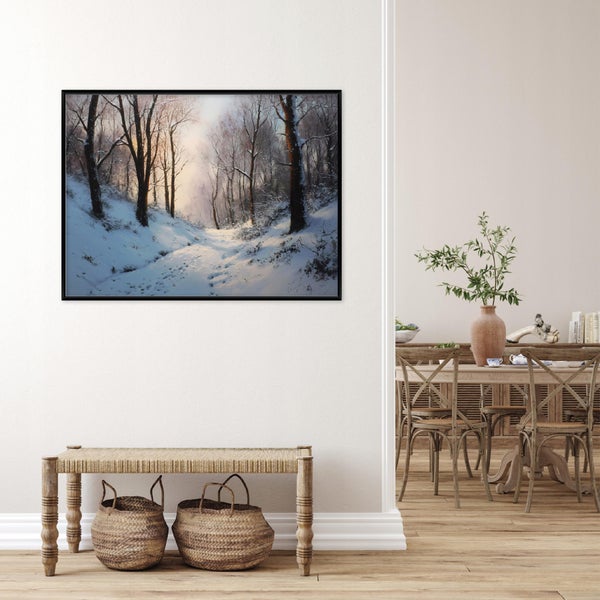 Innenraum mit gerahmtem Winterlandschaftsbild über einer Bank mit Körben