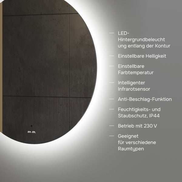Runder LED-Badspiegel mit Hintergrundbeleuchtung, einstellbarer Helligkeit, Farbtemperatur, Infrarotsensor, Anti-Beschlag-Funktion und IP44-Schutz.