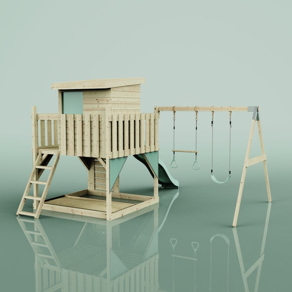 Draufsicht auf einen hölzernen Spielturm mit Pultdach, einer Rutsche und einem Schaukelgestell.