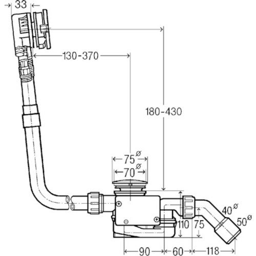 Technische Zeichnung mit Maßangaben für eine Badewannen-Ab- und Überlaufgarnitur.