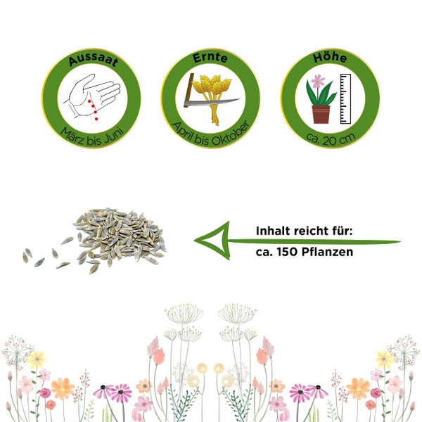 Aussaat März bis Juni, Ernte April bis Oktober, Wuchshöhe circa 20 Zentimeter. Inhalt reicht für circa 150 Pflanzen.