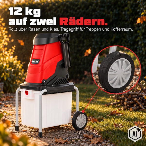 Hecht Gartenhäcksler mit Auffangbehälter, zwei Rädern und Tragegriff im Garten aufgestellt.