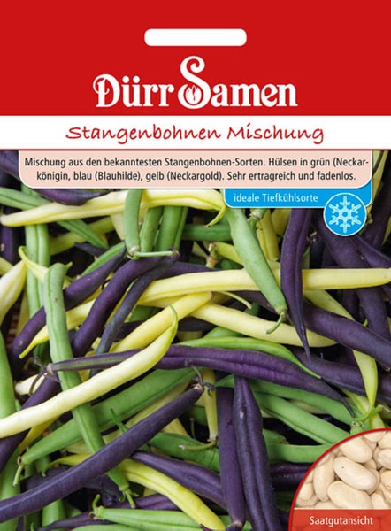 Samentüte für Stangenbohnen-Mischung von Dürr Samen, verschiedene Bohnensorten, Dürr Samen Logo, Symbol für Tiefkühleignung.