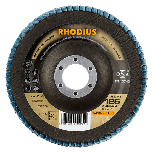 RHODIUS Fächerscheibe LSZ F3, 5 Stück, 125 x 22,23 mm, Korn 40, für Edelstahl, Stahl, Metall, ALPHAline