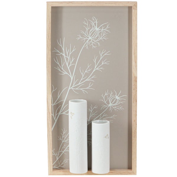 Dekoratives Arrangement mit zwei Vasen und einem botanischen Motiv im Rahmen