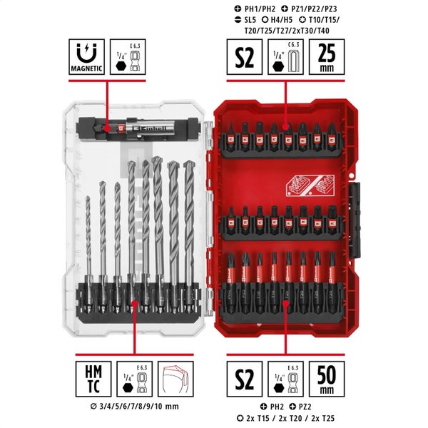 Original Einhell M-CASE 33-tlg. schlagfestes Bit- und Steinbohrer-Set (25-mm-Bits, 50-mm-Bits, Steinbohrer, 60-mm-Bithalter inkl. Aufbewahrungsbox)