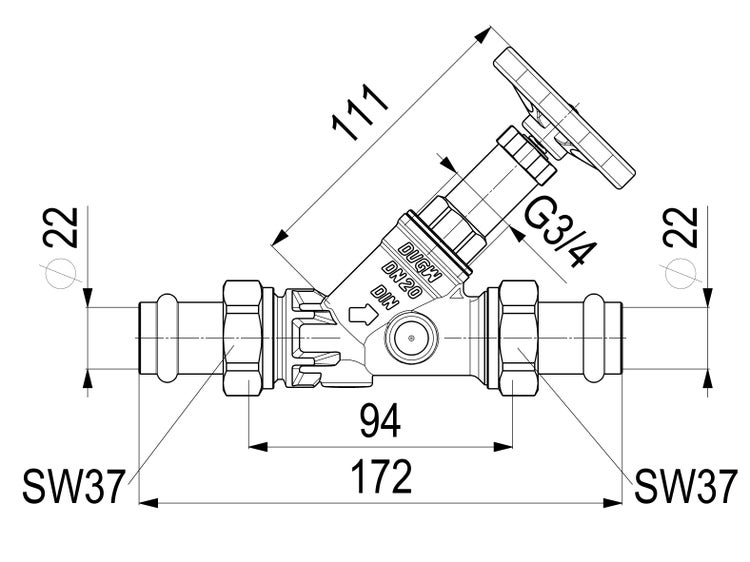 Technische Zeichnung eines Schrägsitzventils Nennweite 20 mit Maßangaben: 172 Millimeter Länge und 22 Millimeter Anschlussdurchmesser.