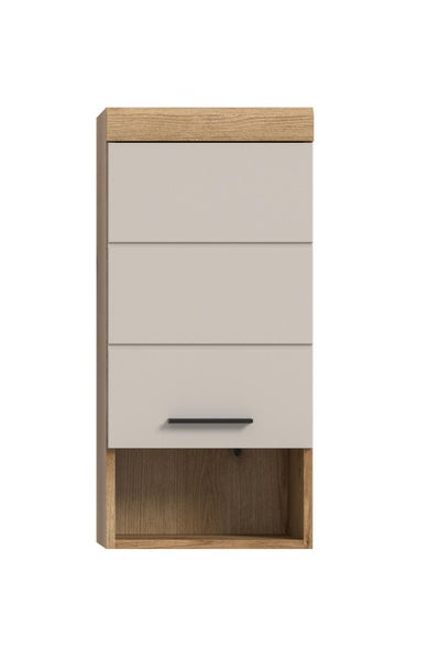 Badezimmer-Seitenschrank in Eiche-Optik mit beigefarbener Front, schwarzem Griff und offenem Fach.