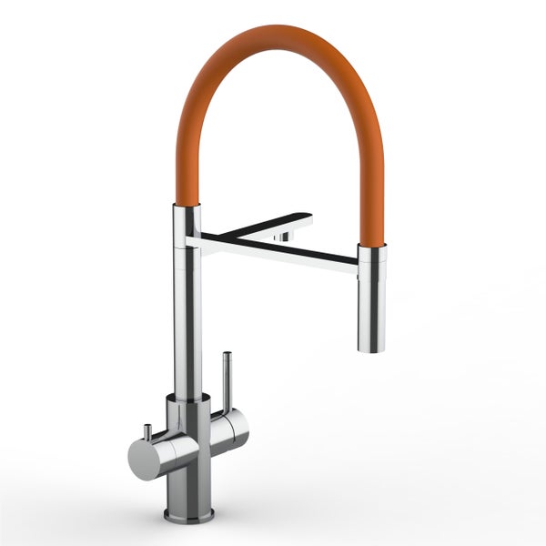 5 Wege Wasserhahn Küchenarmatur, Edelstahl Massiv mit 360° schwenkbarem Auslauf, abnehmbare 2 strahl Handbrause, Hochglanz / Orange
