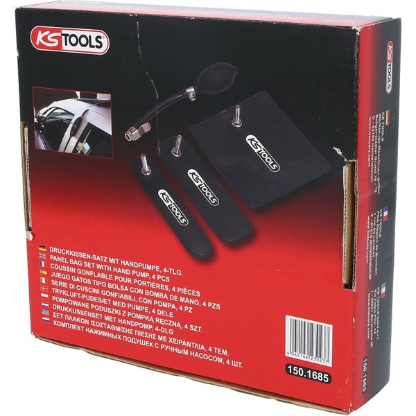 KS Tools Air Wedge Set mit Pumpe, bestehend aus drei Luftkissen mit den Maßen 160 x 160 mm, 190 x 60 mm und 180 x 40 mm
