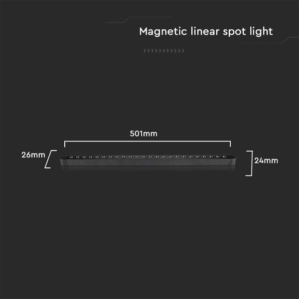 Magnetischer linearer Strahler mit den Maßen 501 mm Länge, 26 mm Breite und 24 mm Höhe.