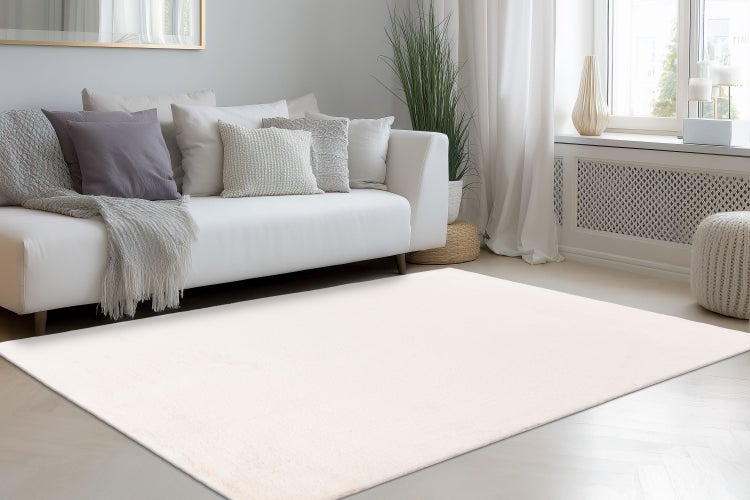 Helles Wohnzimmer mit einem modernen Sofa und einem schlichten, unifarbenen Teppich auf dem Boden.