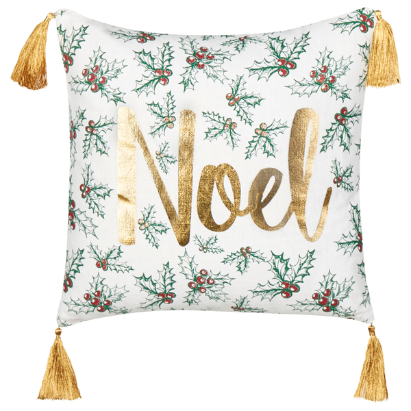Quadratisches Weihnachtskissen mit Stechpalmenmuster, goldenem Noel-Schriftzug und Quasten an den Ecken.