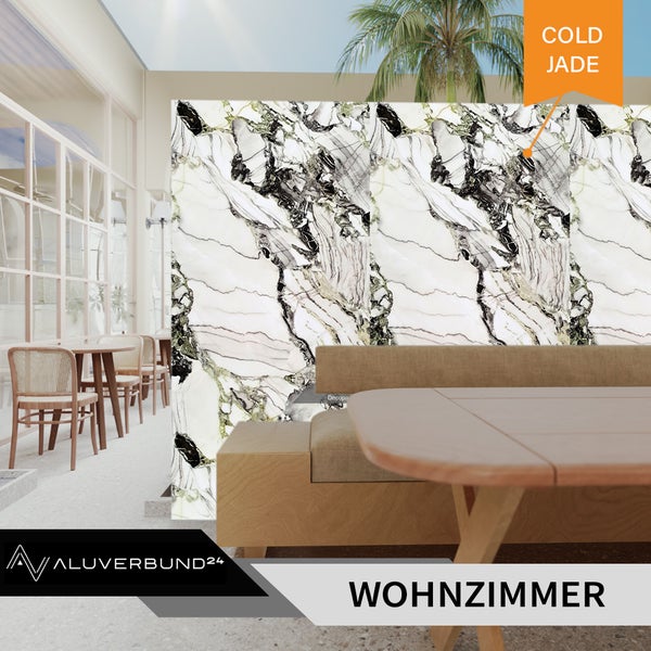 Wohnzimmer mit Wandpaneelen in Marmoroptik, Farbton Cold Jade