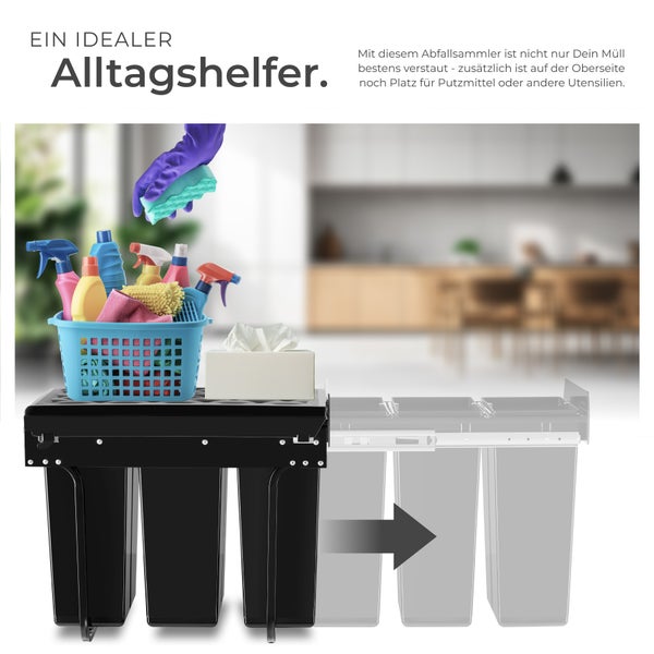 Abfallsammler tectake Ashlyn 26 x 48 x 42 cm 3-fach Mülltrennung, 3x10L schwarz
