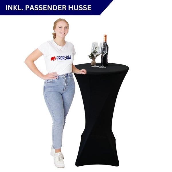 Stehtisch mit schwarzer Husse, inklusive Wein und Gläser