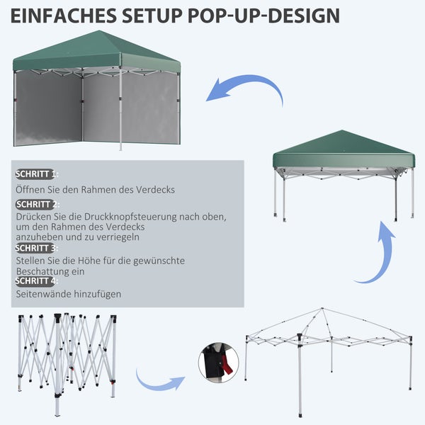 Outsunny Pavillon ca.3x3m, wasserabweisend Stabil Winterfest Pop-up Faltpavillon mit 2 Seitenwänden, UV Schutz 30+, Faltbar Partyzelt Gartenzelt mit Tasche, Gartenpavillon für Camping, Grün