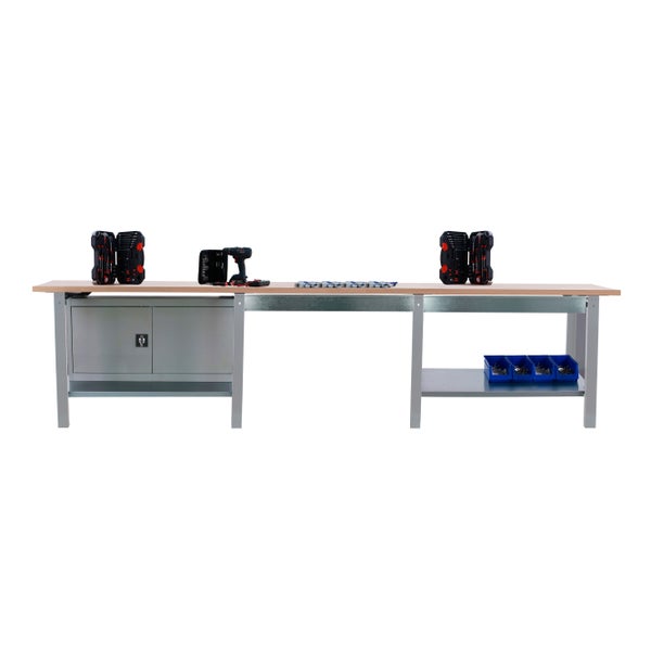 Werkbank BUFFALO WOOD mit 2x Schublade + Schrank| HxBxT 86,5x300x75cm | Traglast 1000kg | Grau